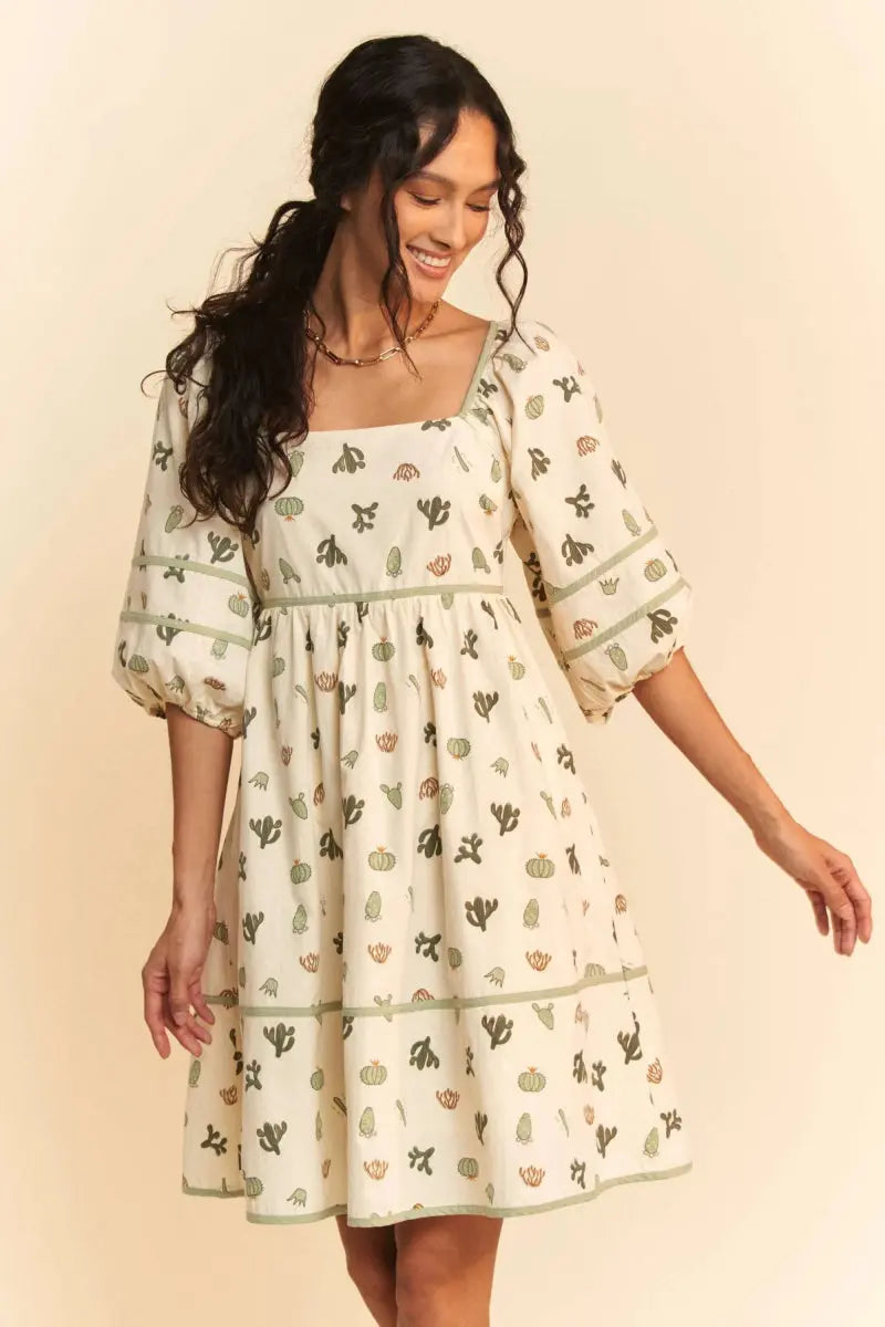 Davi & Dani Cactus Printed Poplin Contrast Piping Mini Dress - Love Salve
